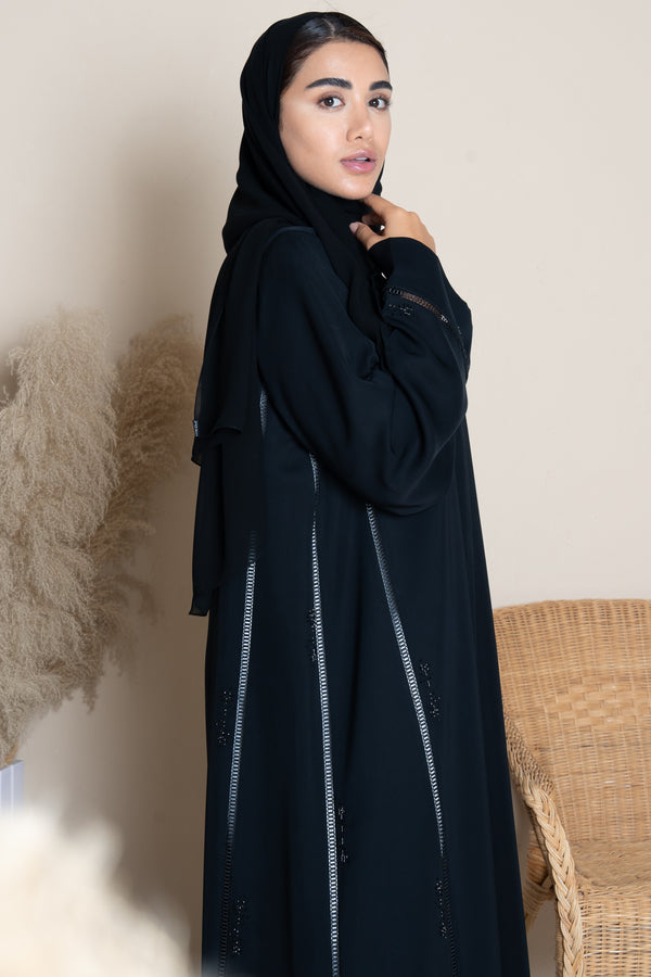 Black Reem Nada Custom Abaya with Subtle Lace Accents