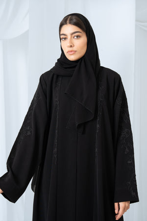 Black Reya Crepe Abaya with Resham Embroidery
