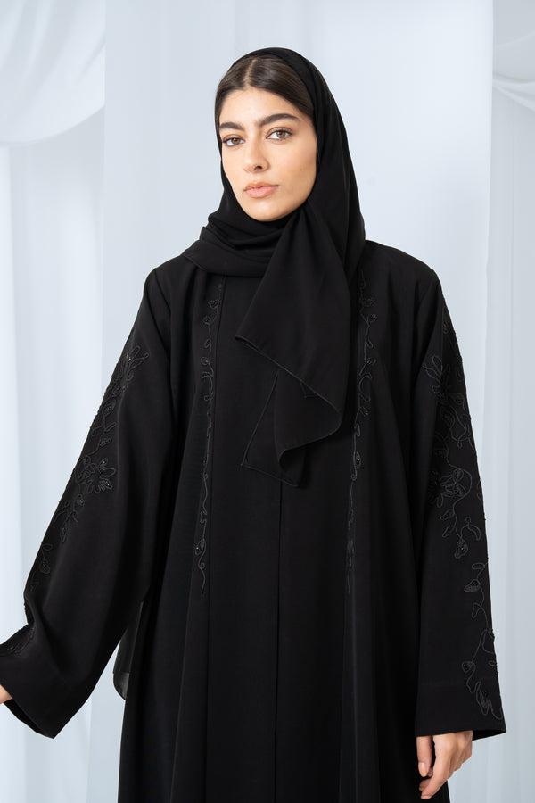 Black Reya Crepe Abaya with Resham Embroidery