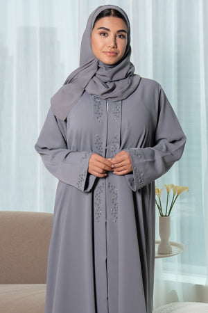 Grey Zoe Crepe Abaya with Beaded Front Panels
