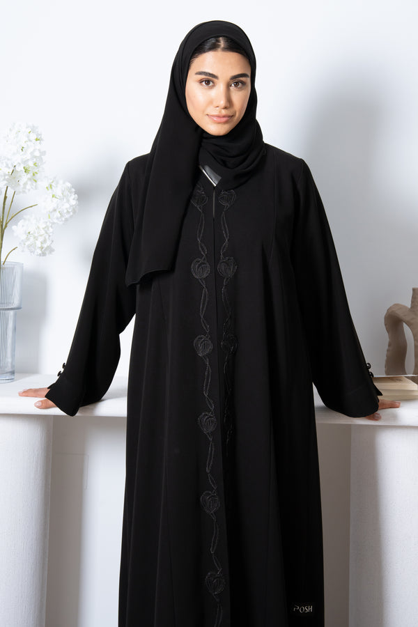 Black Farasha Crepe Abaya with Centre Tatreez Embroidery
