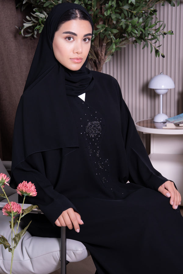 Black Jaime Crepe Custom  Abaya with Beadwork Accents