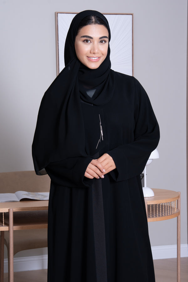 Black Mia Crepe Abaya with Metallic Stick Detail