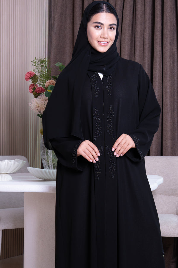 Black Shafa Crepe Custom Abaya with Beaded Front Panels