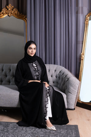 Premium Black Royal Nada Abaya with Beadwork and Lace Accents