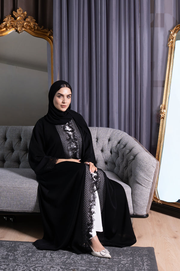 Premium Black Royal Nada Abaya with Beadwork and Lace Accents
