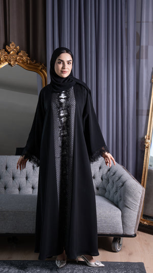 Premium Black Royal Nada Abaya with Beadwork and Lace Accents