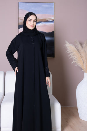 Black Layan Crepe Abaya with Mountain-Inspired Embroidery
