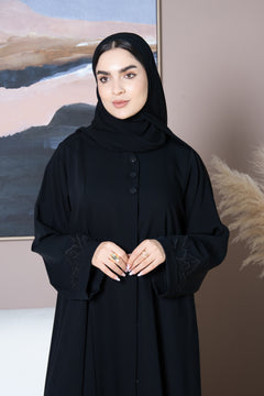 Black Layan Crepe Abaya with Mountain-Inspired Embroidery