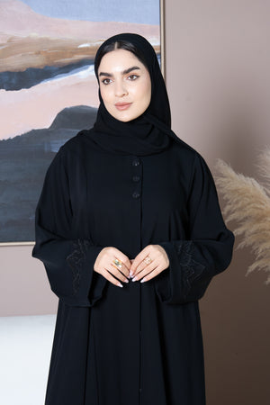 Black Layan Crepe Abaya with Mountain-Inspired Embroidery
