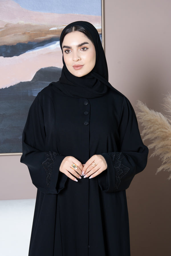 Black Layan Crepe Abaya with Mountain-Inspired Embroidery