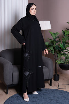Black Farasha Crepe Abaya with Tatreez Embroidery
