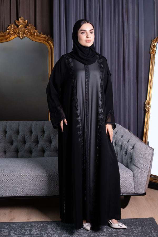 Black Royal Nada Abaya with Tatreez Leaf Embroidery