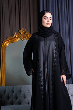 Black Royal Nada Abaya with Tatreez Leaf Embroidery