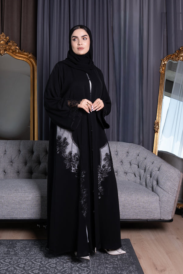 Black Royal Nada Abaya, Front Beadwork