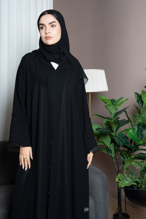 Black Shafa Crepe Custom Abaya with Beaded Sleeve Detail