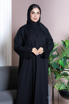 Black Farasha Crepe Custom Abaya with Beaded Sleeve Embroidery