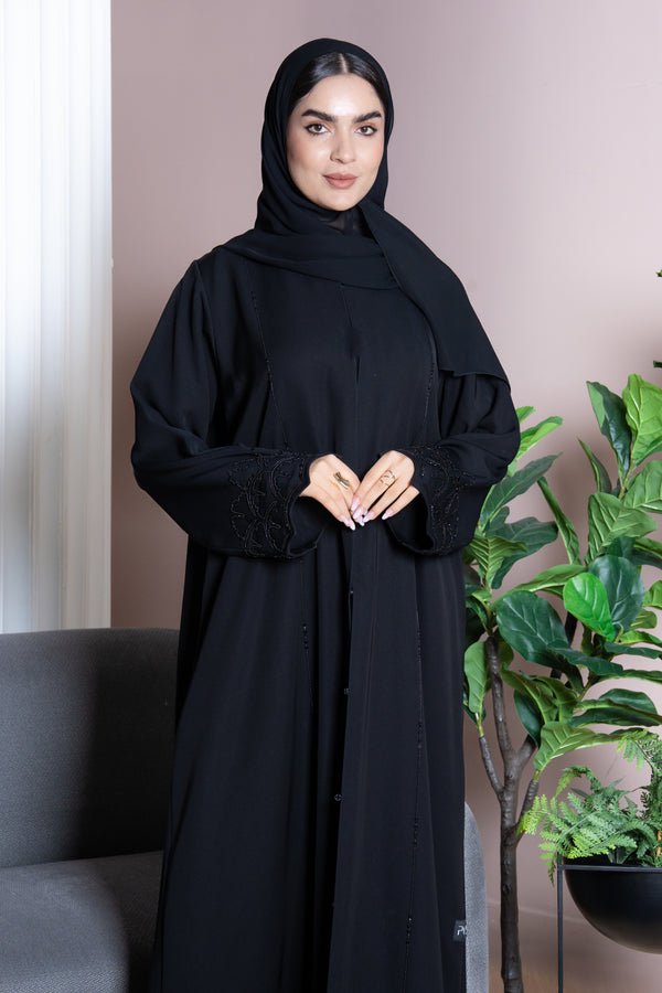 Black Farasha Crepe Custom Abaya with Beaded Sleeve Embroidery