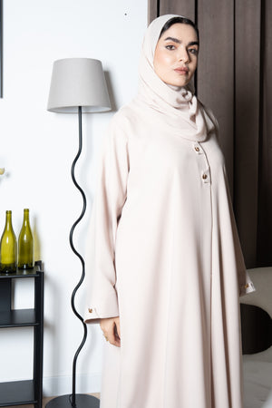 Beige Aroma Crepe Abaya with Golden Bow Buttons