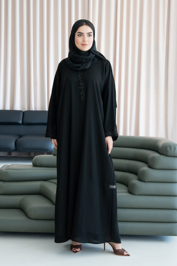 Black Shafa Crepe Abaya with Beaded Vine Detailing