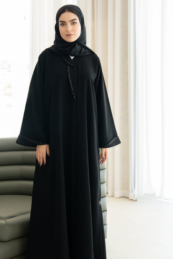 Black Reya Crepe Custom Abaya with Beaded Trim Detailing
