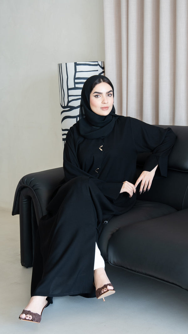Black Imperial Crepe Abaya with Gold Accent Buttons