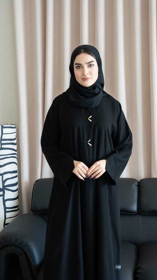 Black Imperial Crepe Abaya with Gold Accent Buttons