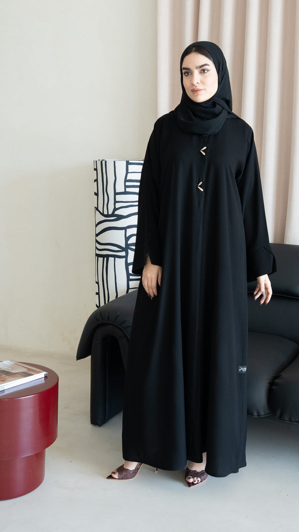 Black Imperial Crepe Abaya with Gold Accent Buttons