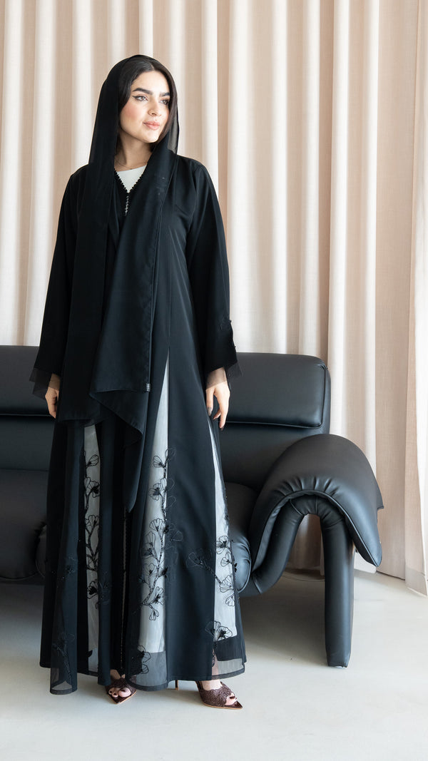 Black Royal Nada Abaya with Floral Beadwork Panels
