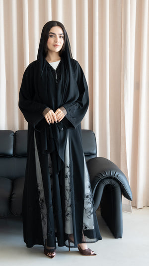 Black Royal Nada Abaya with Floral Beadwork Panels
