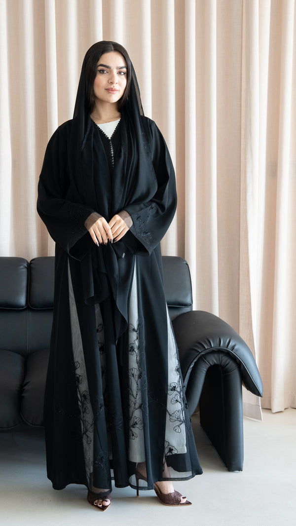 Black Royal Nada Abaya with Floral Beadwork Panels