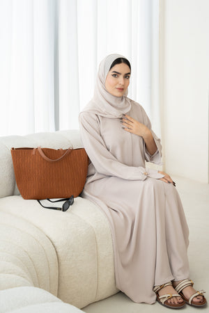 Beige Zoe Crepe Abaya with Petal Sleeve Gold Accent
