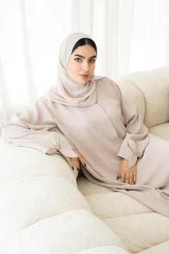 Beige Zoe Crepe Abaya with Petal Sleeve Gold Accent