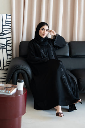 Black Reem Nada Abaya with Dual Lace Panel Detailing