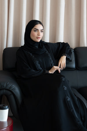 Black Reem Nada Abaya with Dual Lace Panel Detailing