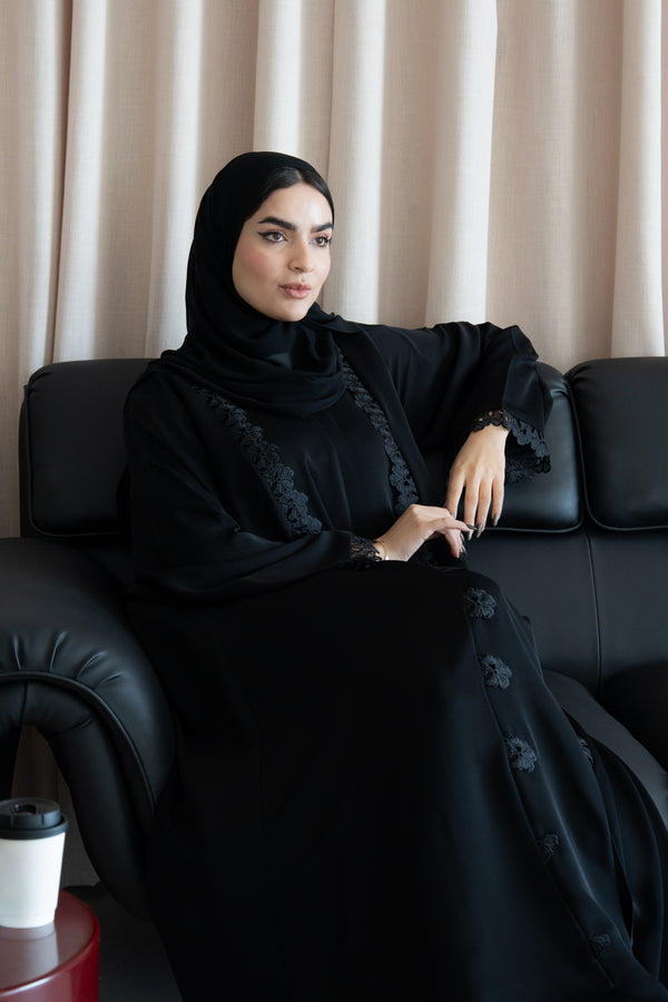 Black Reem Nada Abaya with Dual Lace Panel Detailing