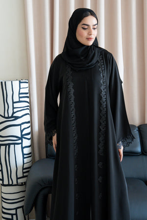 Black Reem Nada Abaya with Dual Lace Panel Detailing