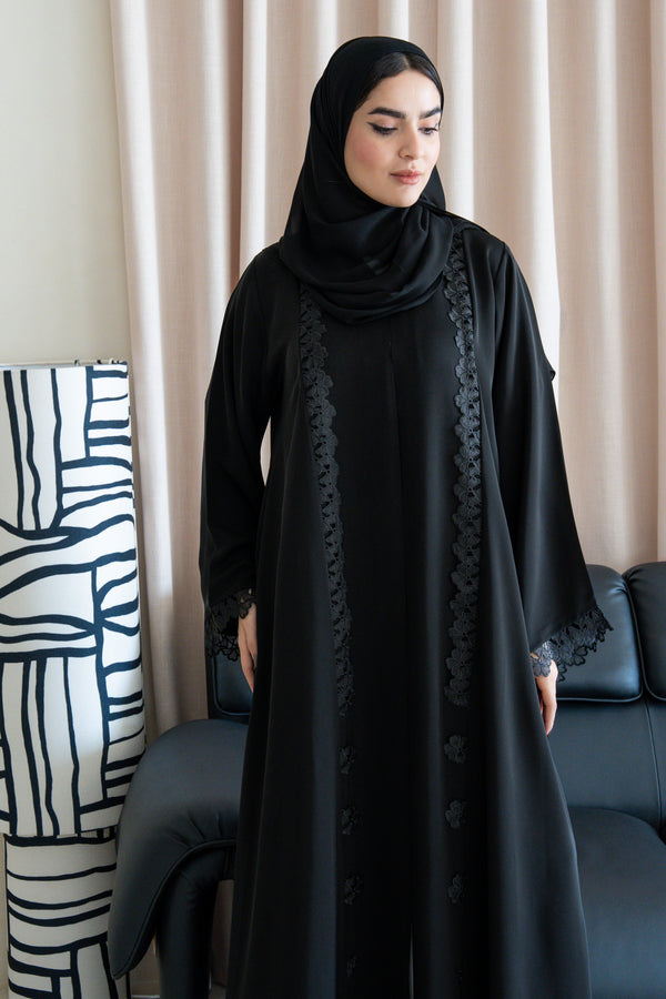 Black Reem Nada Abaya with Dual Lace Panel Detailing