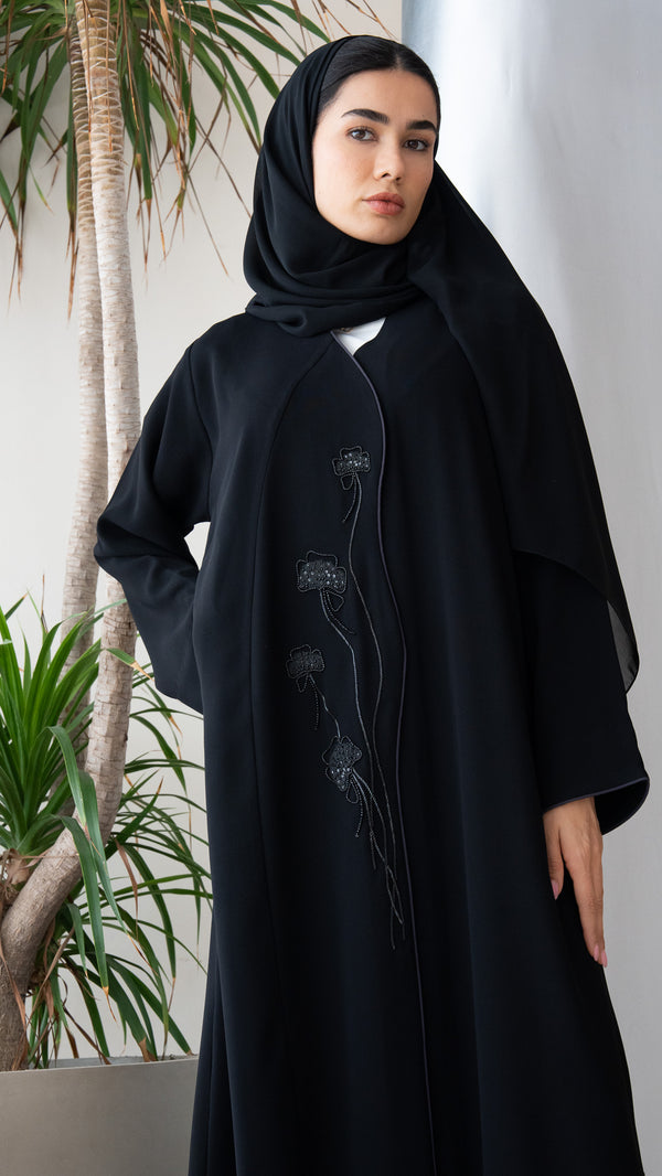 Black Wave Crepe Custom Abaya with Floral Beadwork and Green Piping