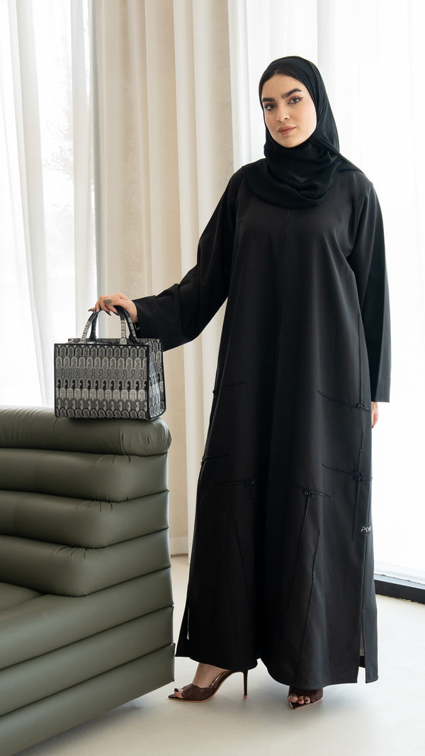Black Kadi Custom Abaya with Cross Bead Embroidery