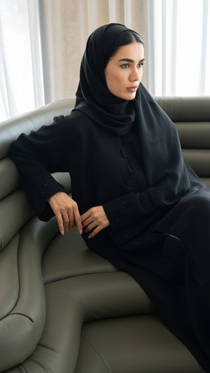 Black Shafa Crepe Abaya with Wave-Cut Button Detail