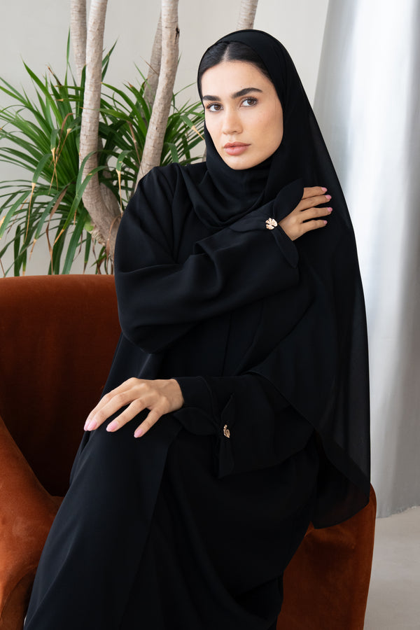 Black Layan Crepe Abaya with Petal Sleeve Button Detail