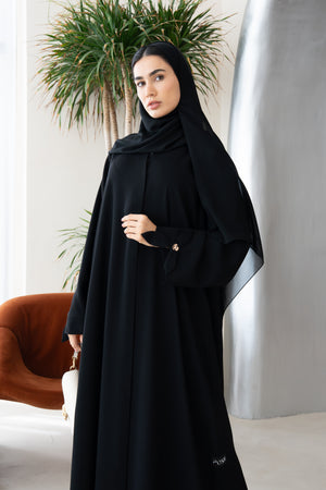 Black Layan Crepe Abaya with Petal Sleeve Button Detail
