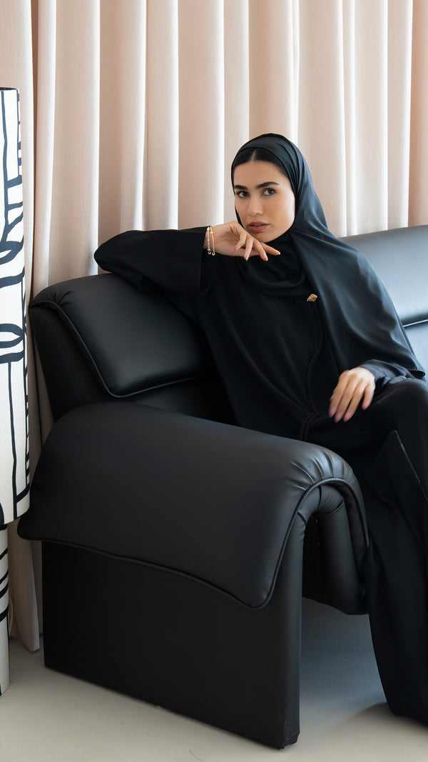 Black Jaime Crepe Abaya with Braided Dori and Button Accent