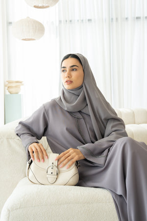 Beige Aroma Crepe Abaya with Beaded Trim Detailing