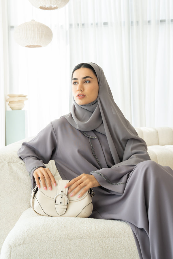 Beige Aroma Crepe Abaya with Beaded Trim Detailing