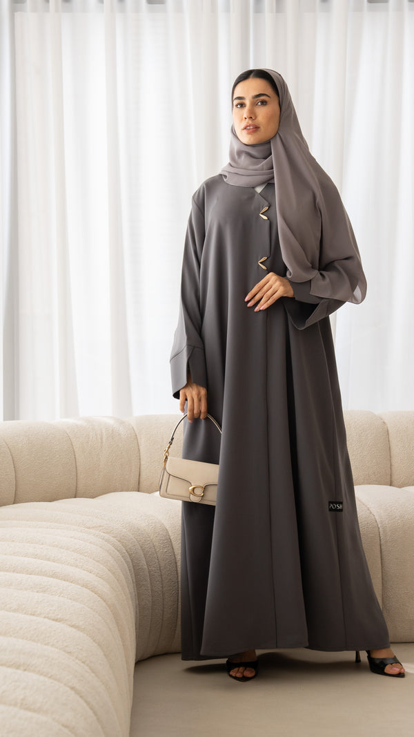 Grey Aroma Crepe Abaya with Gold Accent Buttons