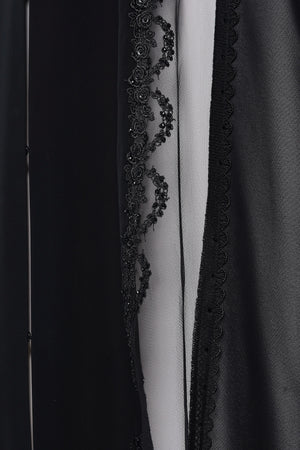 Black Royal Nada Abaya with Front Cuts Adorned by Lacework Detail - Posh Abaya