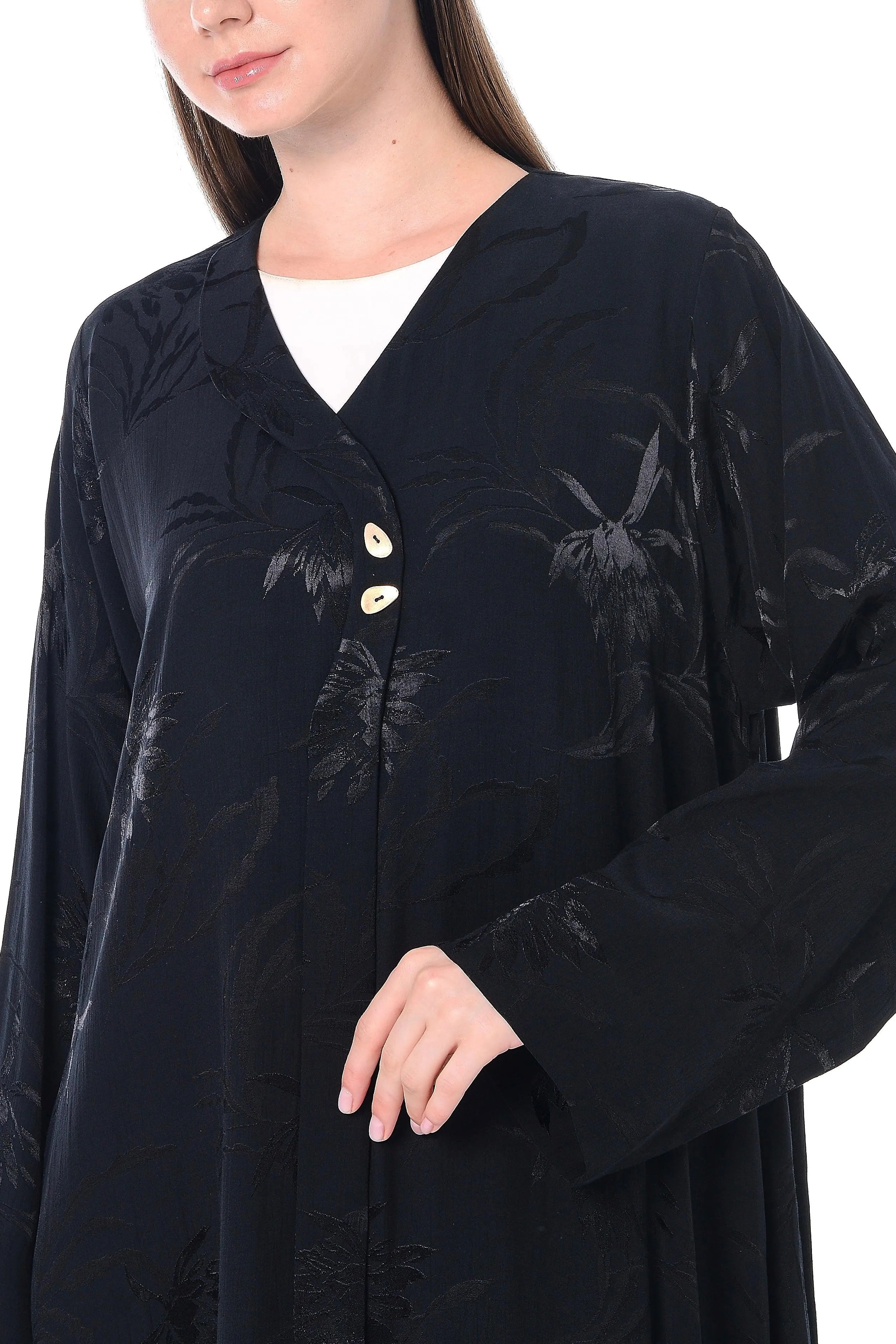 Black Flora Cupro Abaya with Front Overlap Detail - Posh Abaya
