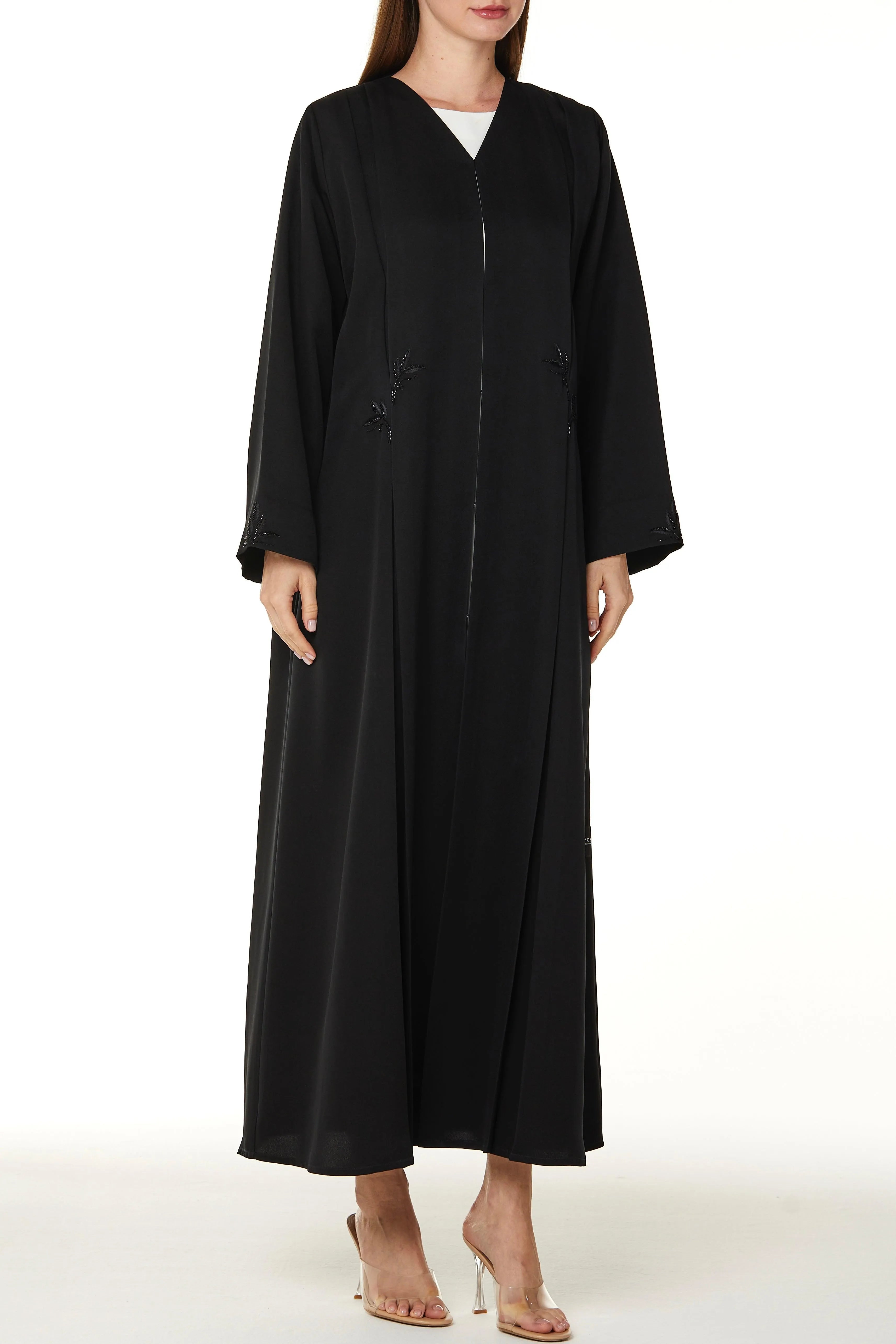 Black Emarati Crepe Abaya with Front Pleats and Threadwork - Posh Abaya